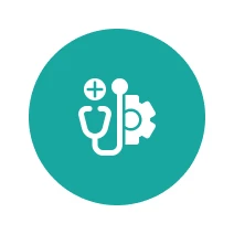 Healthcare innovation emblem in teal circle