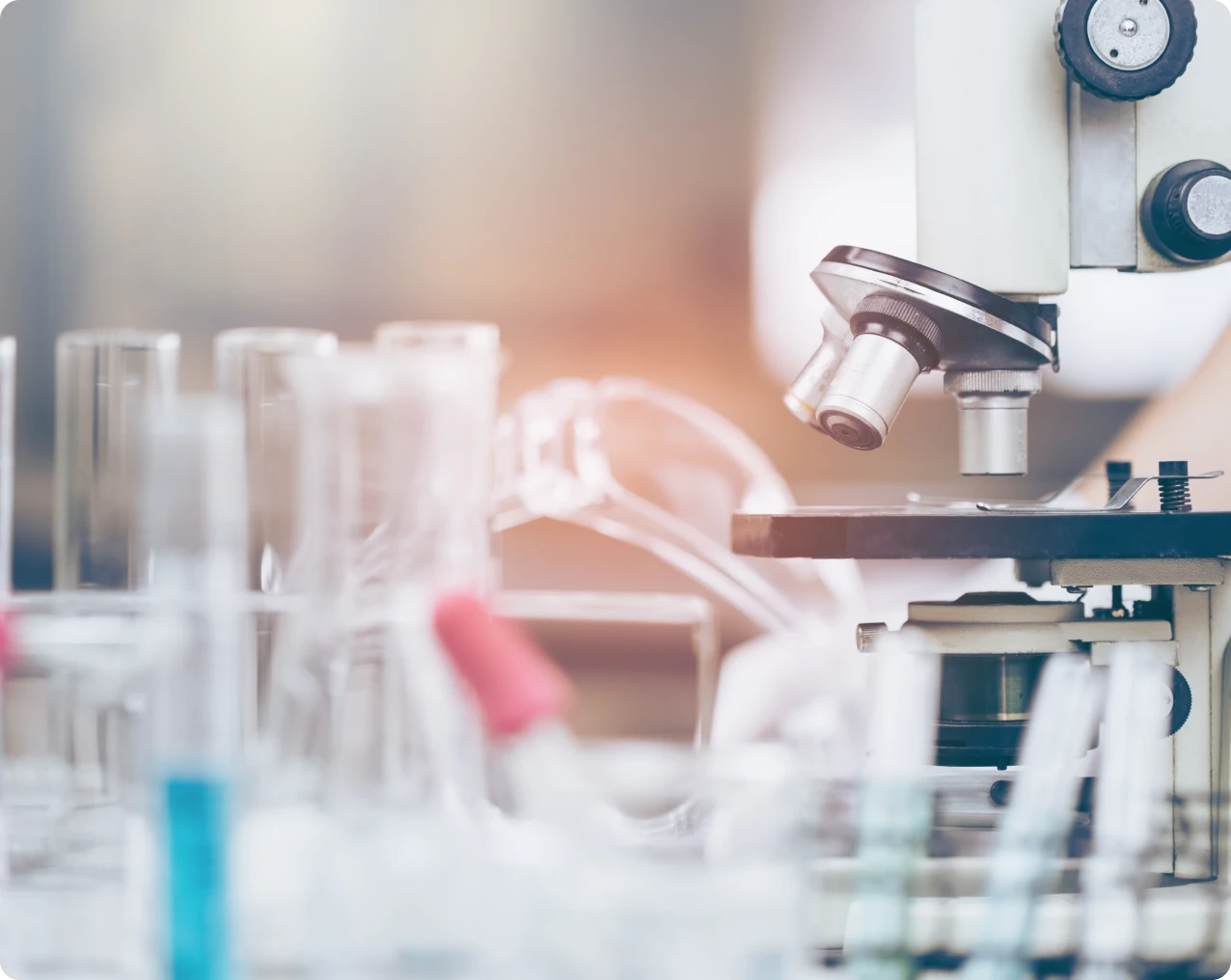 Microscope and glassware in laboratory setting
